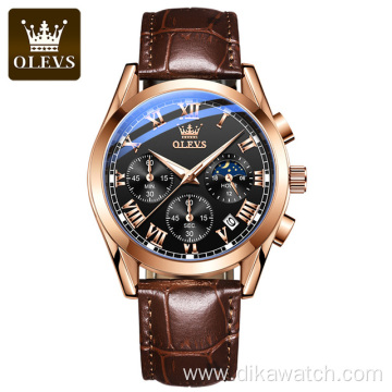 OLEVS Luxury Leather Watch Casual Business Man Quartz Six Needle Rose Gold Chronograph Color Sport Watches Luminous Wristwatch